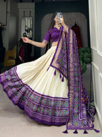 Lorenvalley Offwhite and Purple Tussar Silk Patola Print Lehenga Choli | Grocsy