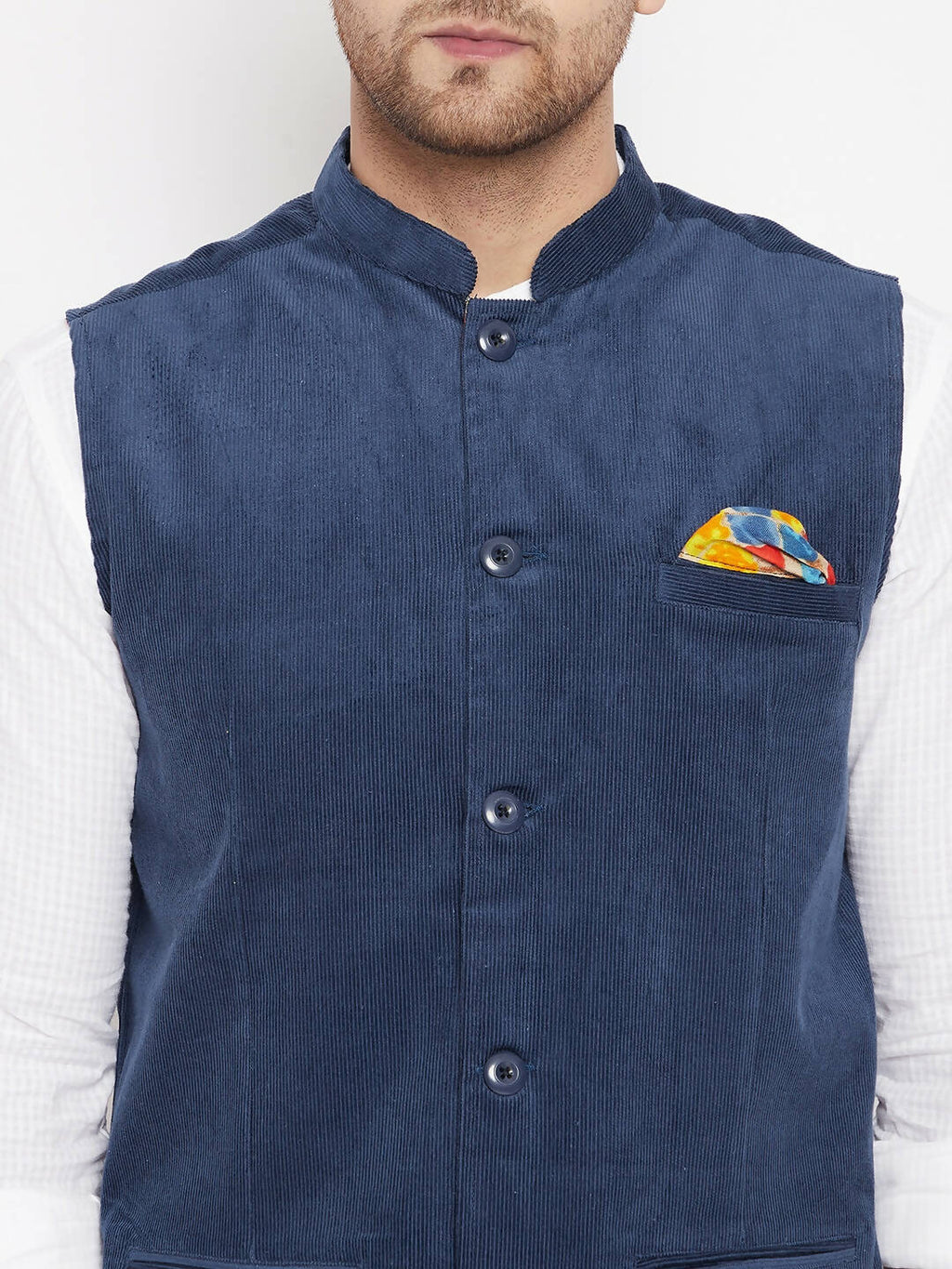 Even Apparels Blue Polyester Men's Nehru Jacket-Contrast Lining-Inbuilt Pocket Square | Grocsy