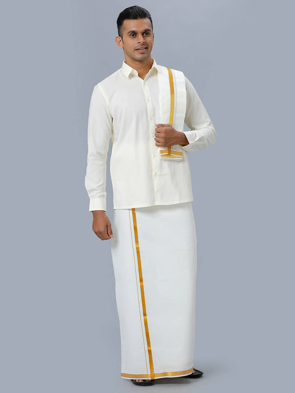Ramraj Cotton Mens Wedding Cream Regular Dhoti, Shirt & Towel Set Subhakalyan 3/4" | Grocsy