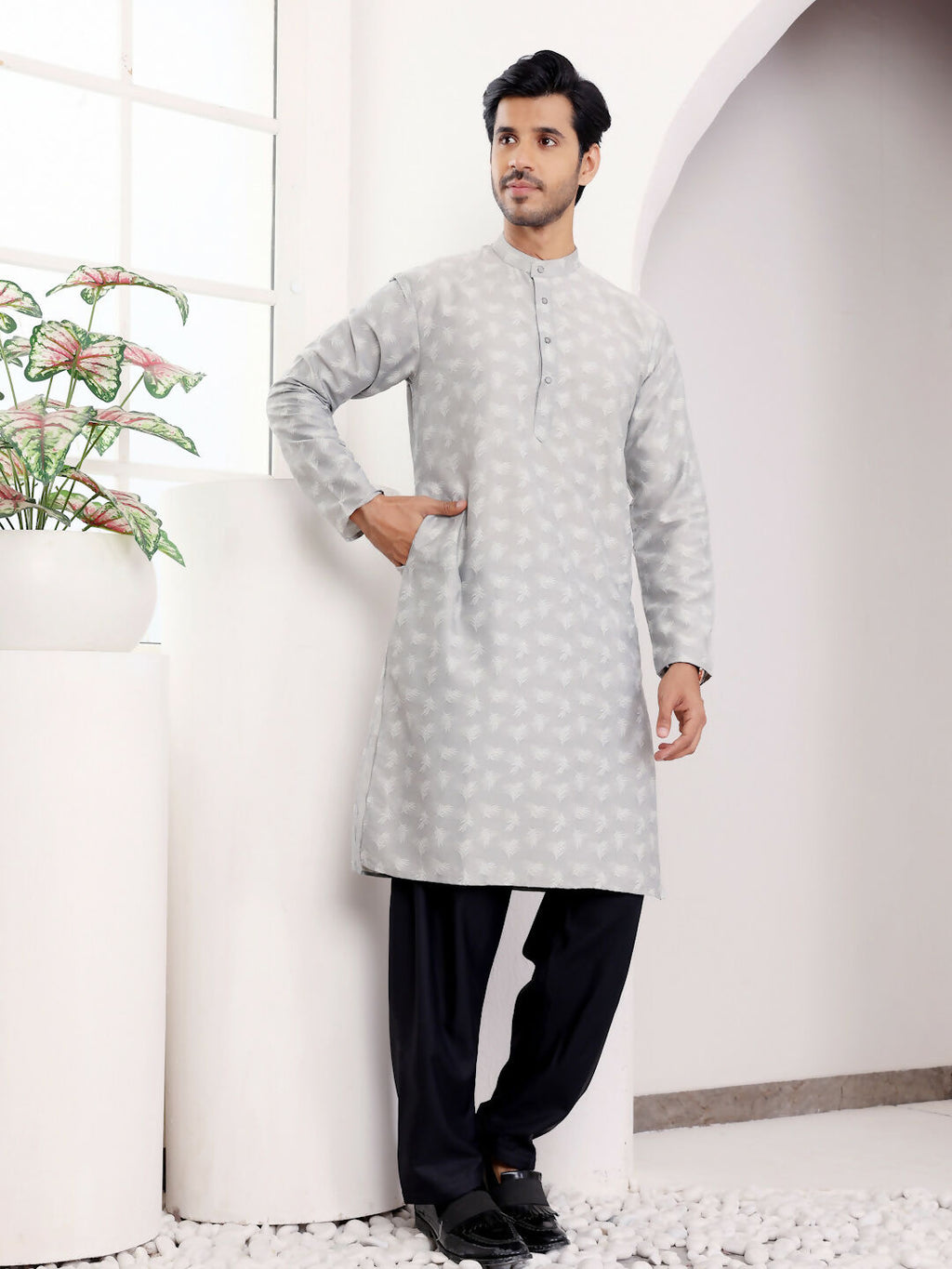 Light Grey Viscose Woven Jacquard Work Men's Kurta - Mahotsav | Grocsy