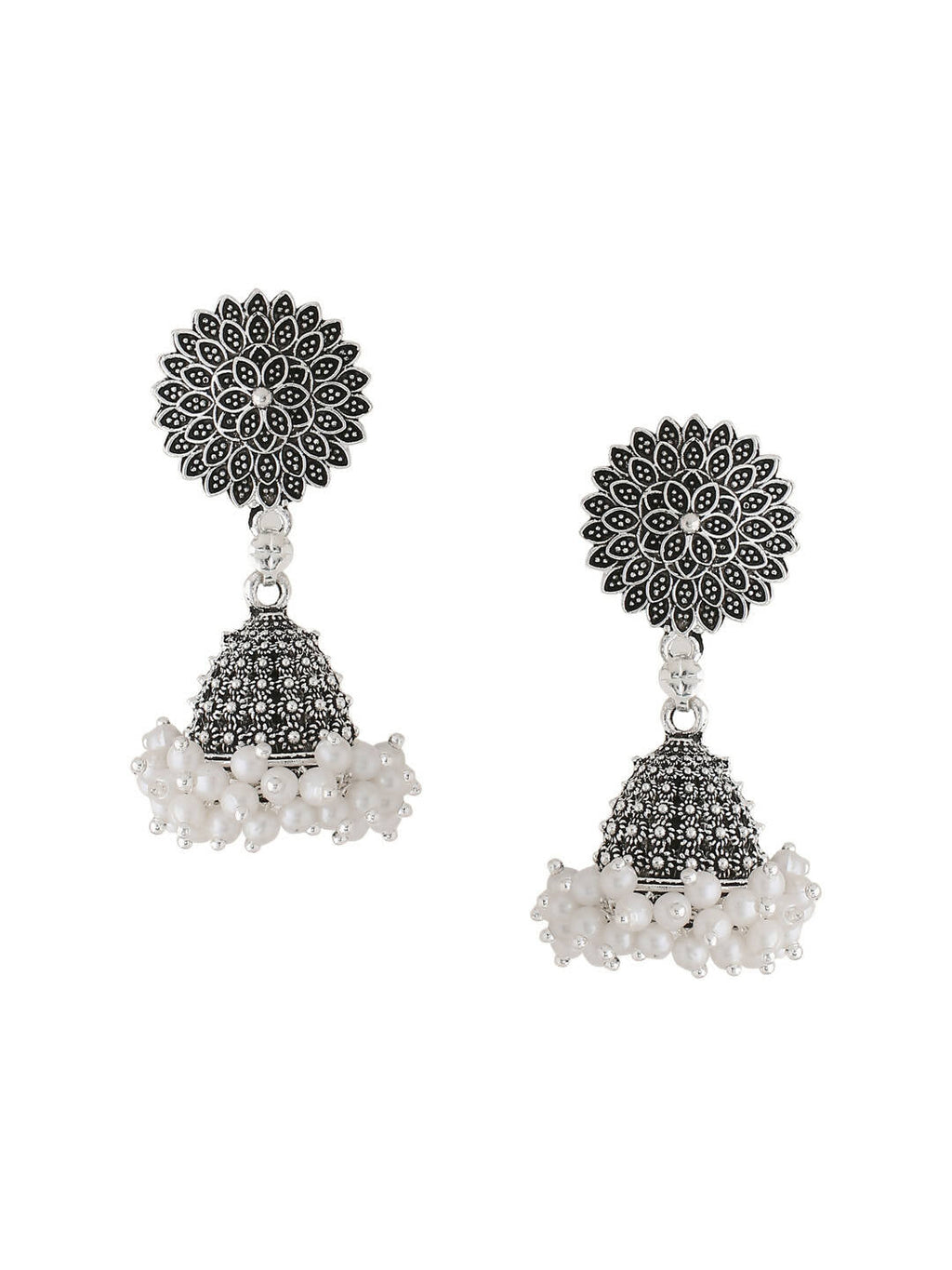 NVR Women Silver Toned Dome Shaped Jhumkas Earrings | Grocsy