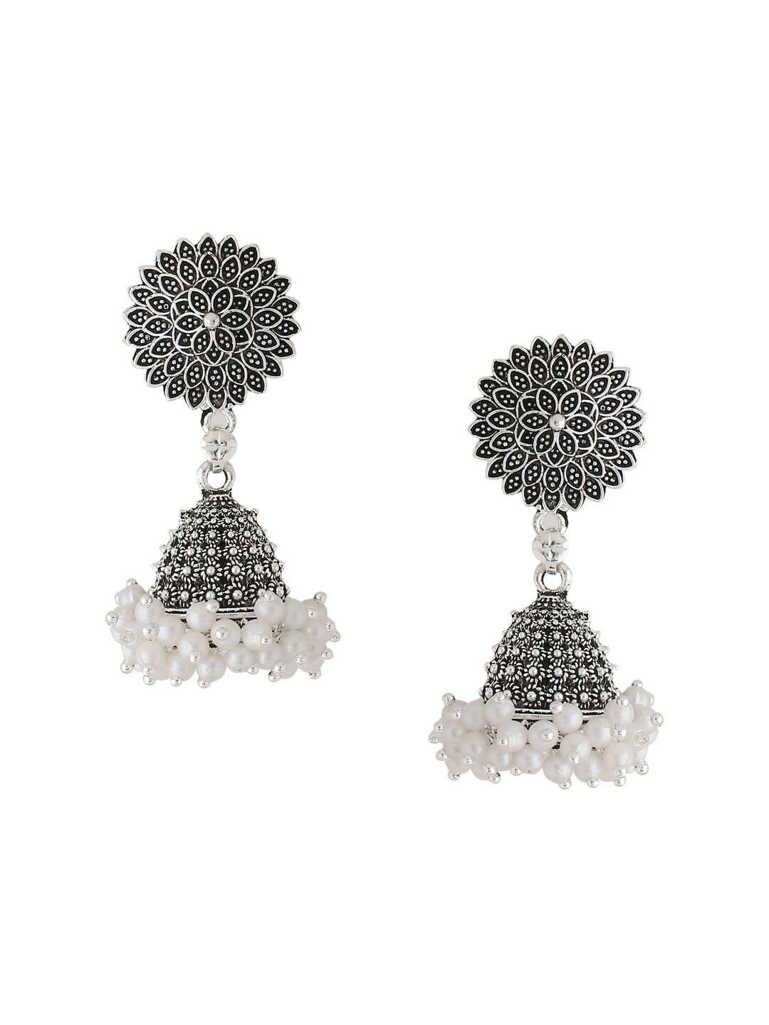 NVR Women Silver Toned Dome Shaped Jhumkas Earrings | Grocsy