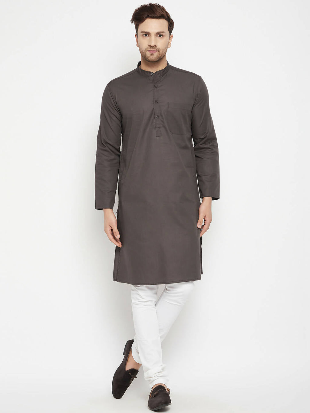 Even Apparels Brown Color Pure Cotton Long Men's Kurta With Band Collar | Grocsy