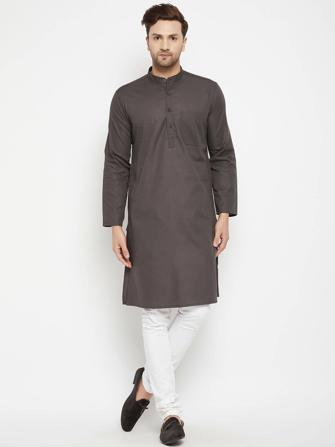 Even Apparels Brown Color Pure Cotton Long Men's Kurta With Band Collar | Grocsy
