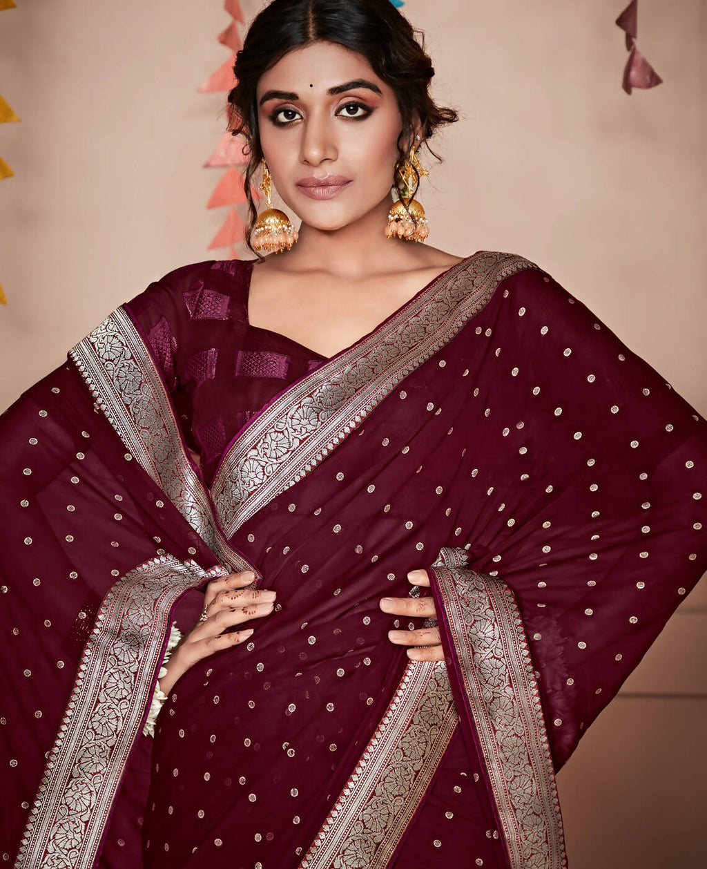 Wine Georgette Foil Printed Saree With Unstitched Blouse Piece - Nitya | Grocsy