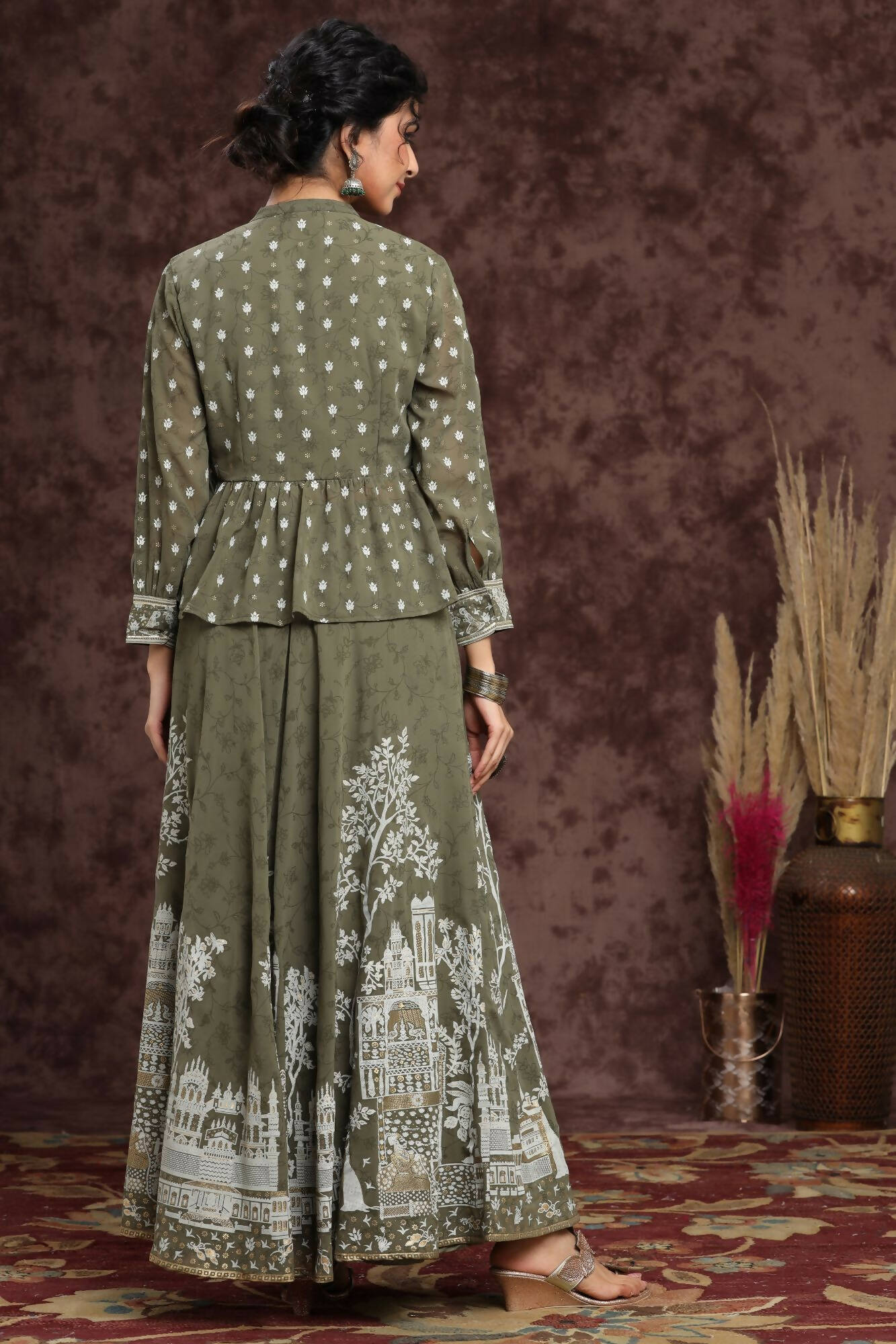 Juniper Women Olive Georgette Printed Flared Lehenga Choli Sets | Grocsy
