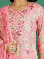 Sangria Floral Printed & Embroidered Kurta & Trouser With Dupatta | Grocsy