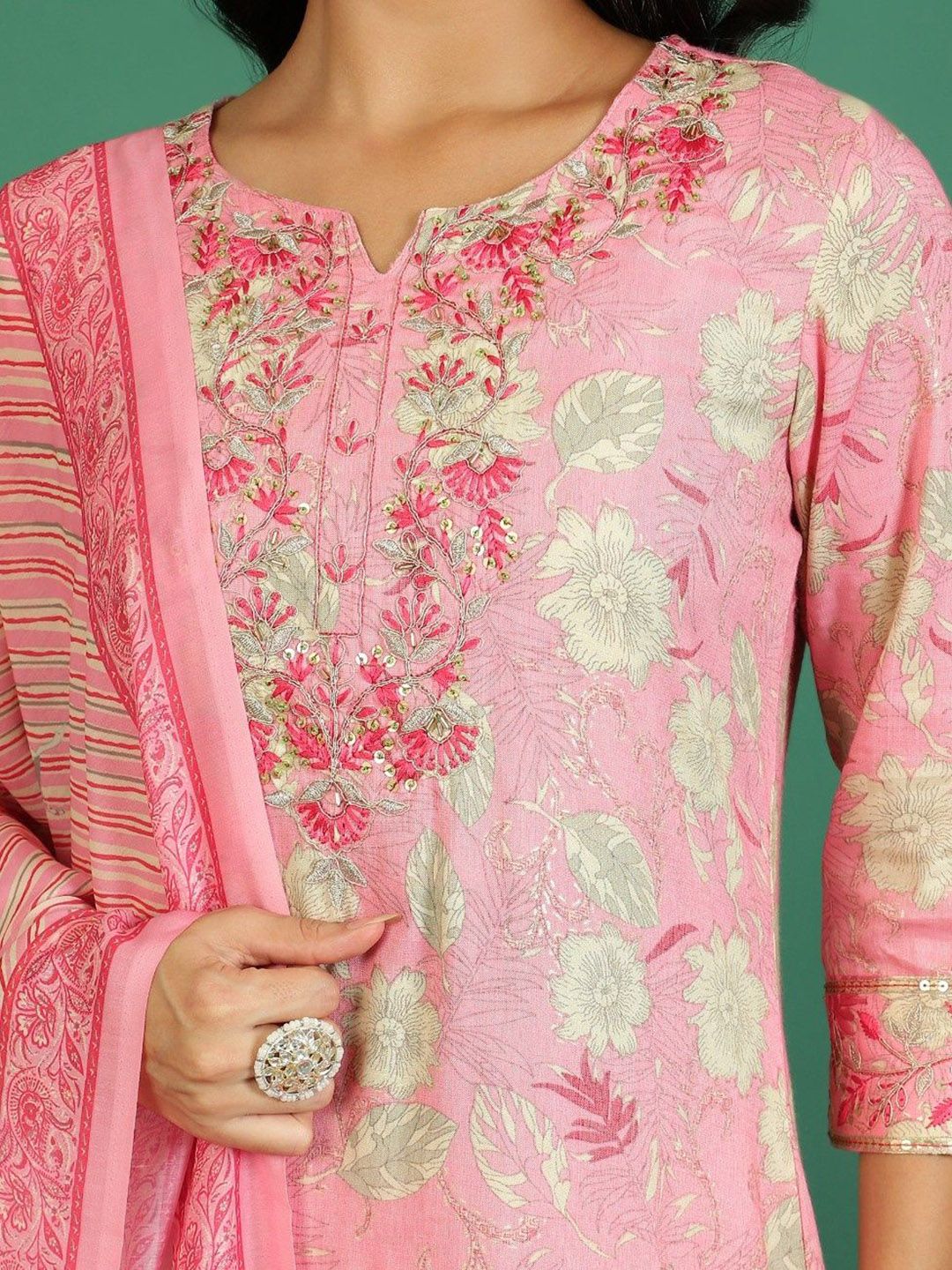 Sangria Floral Printed & Embroidered Kurta & Trouser With Dupatta | Grocsy