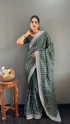 Vastranavya Sea Green Chinnon Silk Embroidery Multi Sequence & Arco Cut Work Ready to Wear Saree | Grocsy