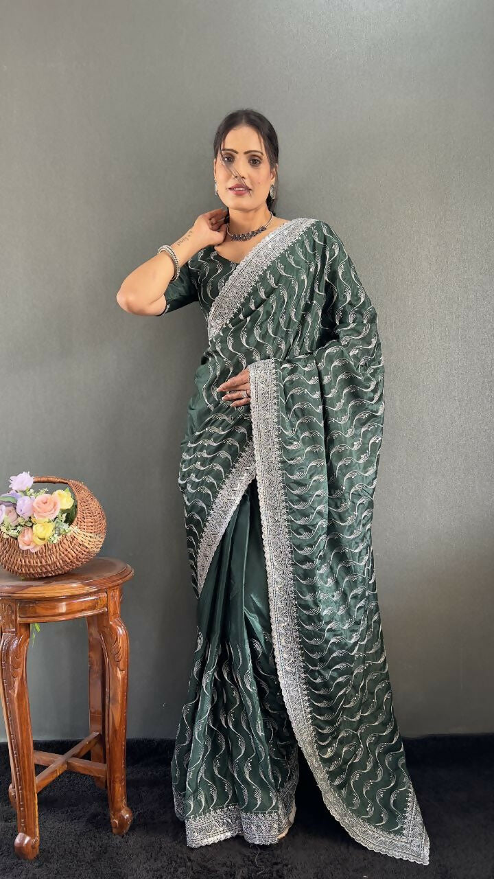 Vastranavya Sea Green Chinnon Silk Embroidery Multi Sequence & Arco Cut Work Ready to Wear Saree | Grocsy