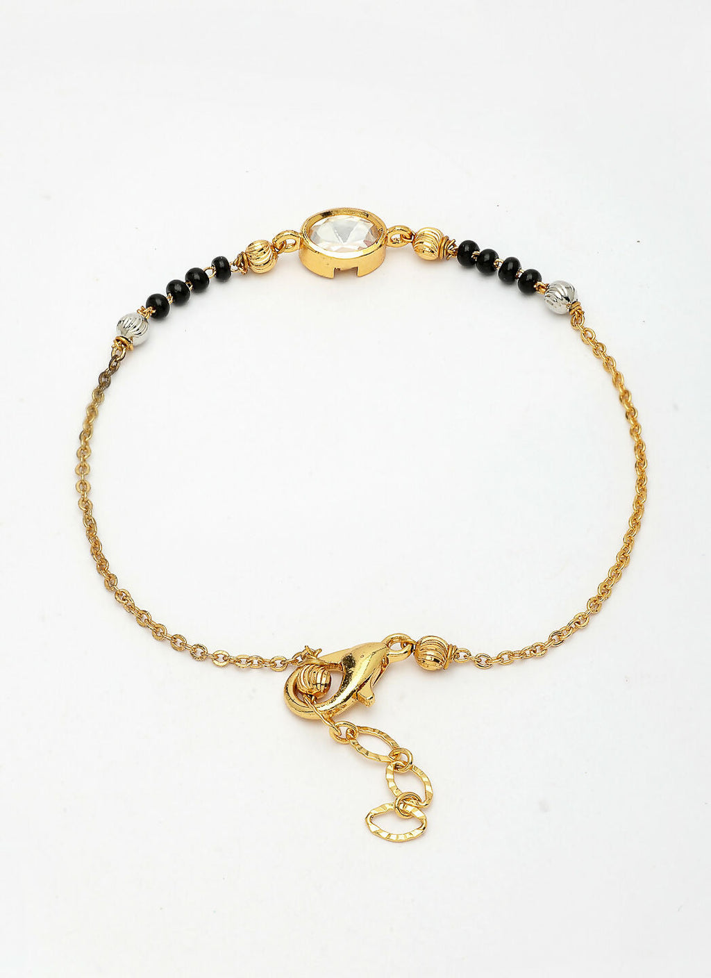 NVR Women Gold-Polished & Black Brass Stone-Studded Hand Mangalsutra Link Bracelet | Grocsy