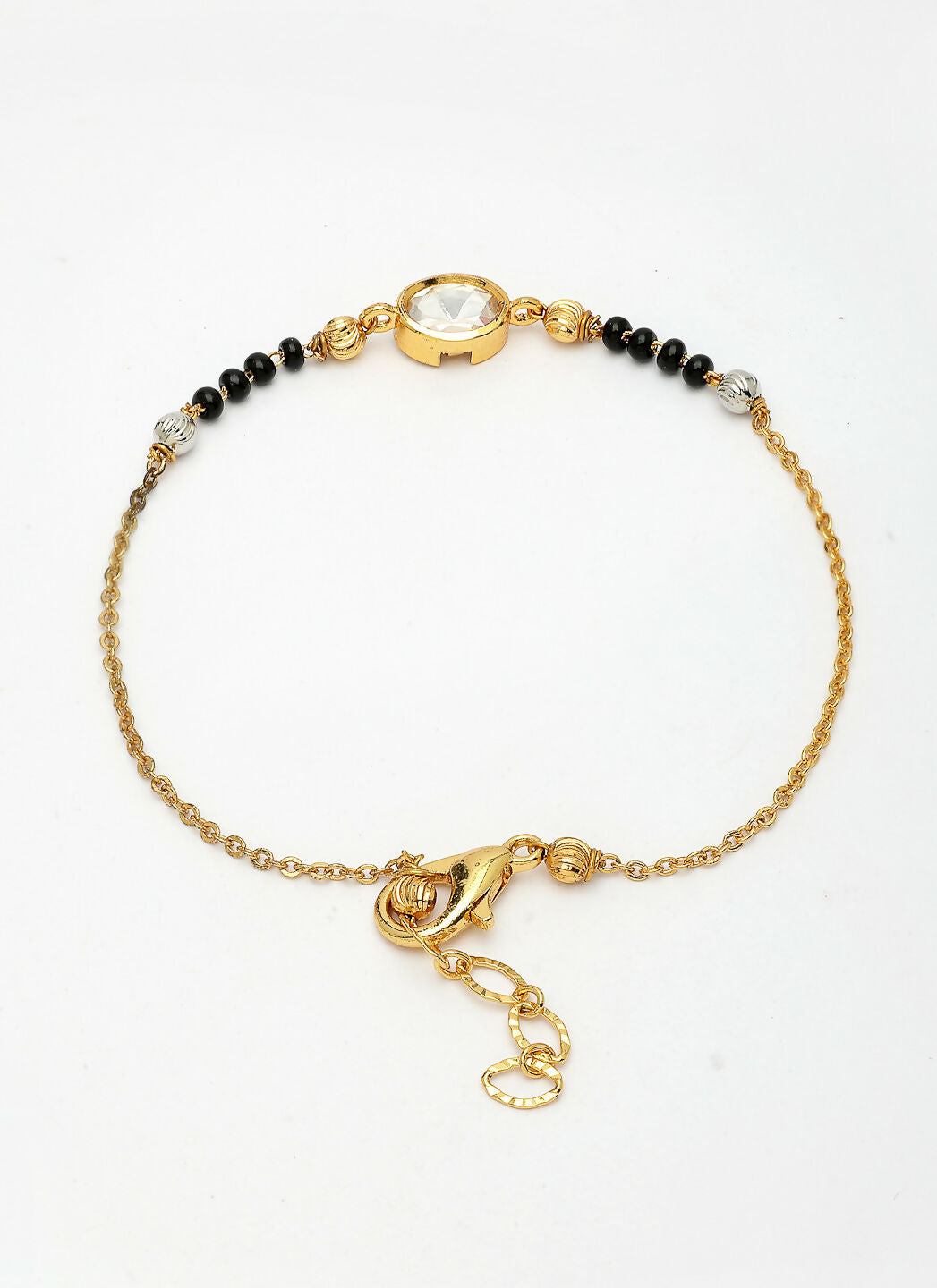 NVR Women Gold-Polished & Black Brass Stone-Studded Hand Mangalsutra Link Bracelet | Grocsy