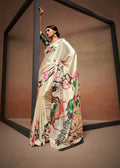Beige Satin Digital Printed Saree with Unstitched Blouse Piece - Jodha | Grocsy