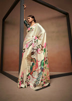 Beige Satin Digital Printed Saree with Unstitched Blouse Piece - Jodha | Grocsy