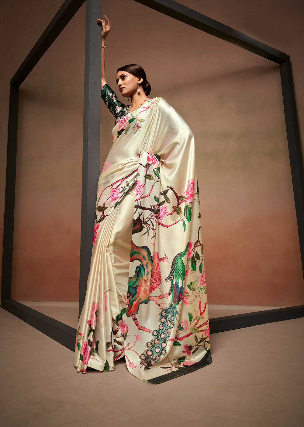 Beige Satin Digital Printed Saree with Unstitched Blouse Piece - Jodha | Grocsy