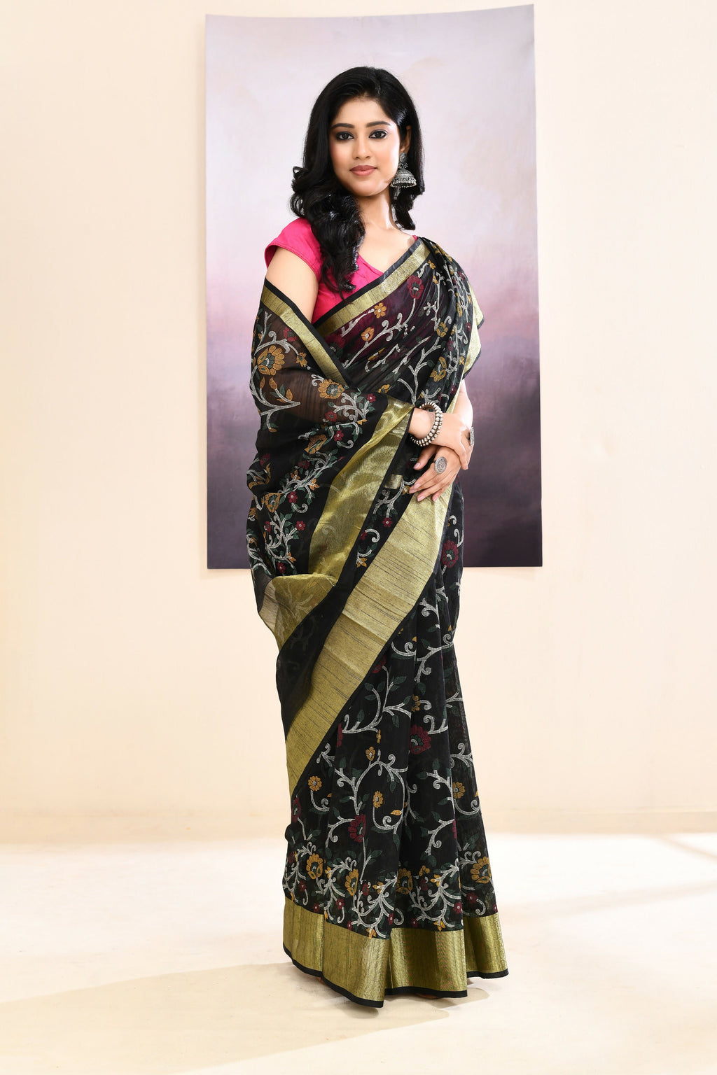 Piyari Fashion Women's Black Embellished Cotton Blend Printed Saree | Grocsy