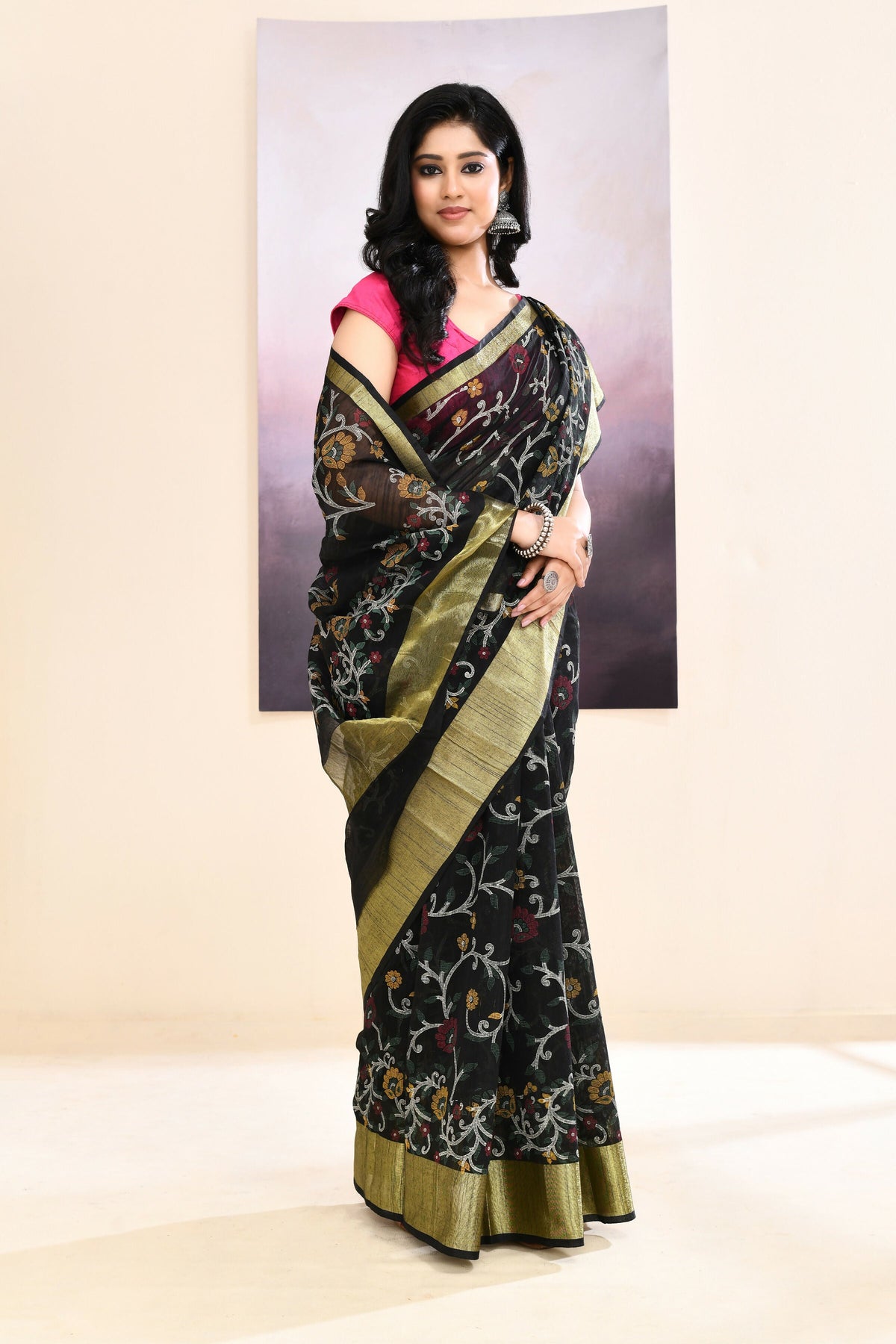 Piyari Fashion Women's Black Embellished Cotton Blend Printed Saree | Grocsy