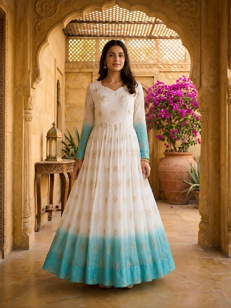 Teeya Creation Sky Blue and White Gradient Anarkali Gown with Gold Floral Motifs | Grocsy