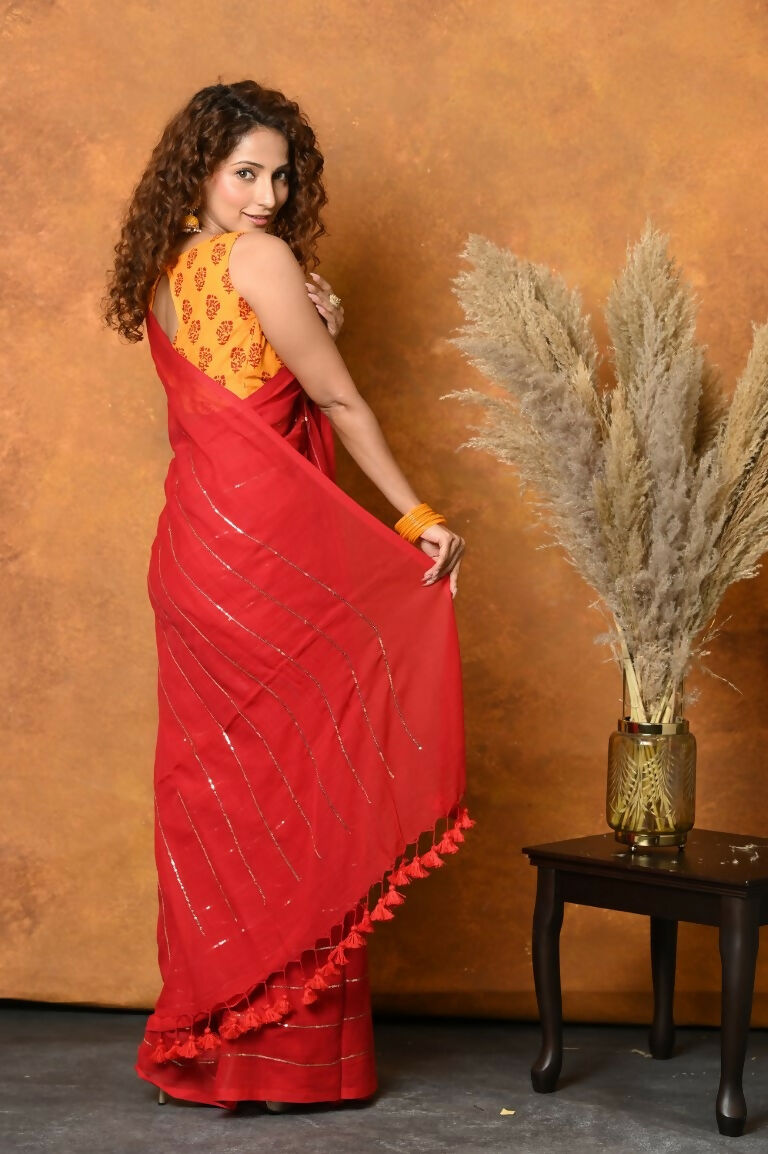 Very Much Indian Pure Mul Cotton Handloom Saree - Red | Grocsy