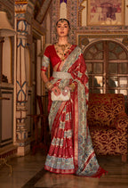 Red P V Silk Digital Print, Zari Work Printed Saree - Rewaa Parampara | Grocsy