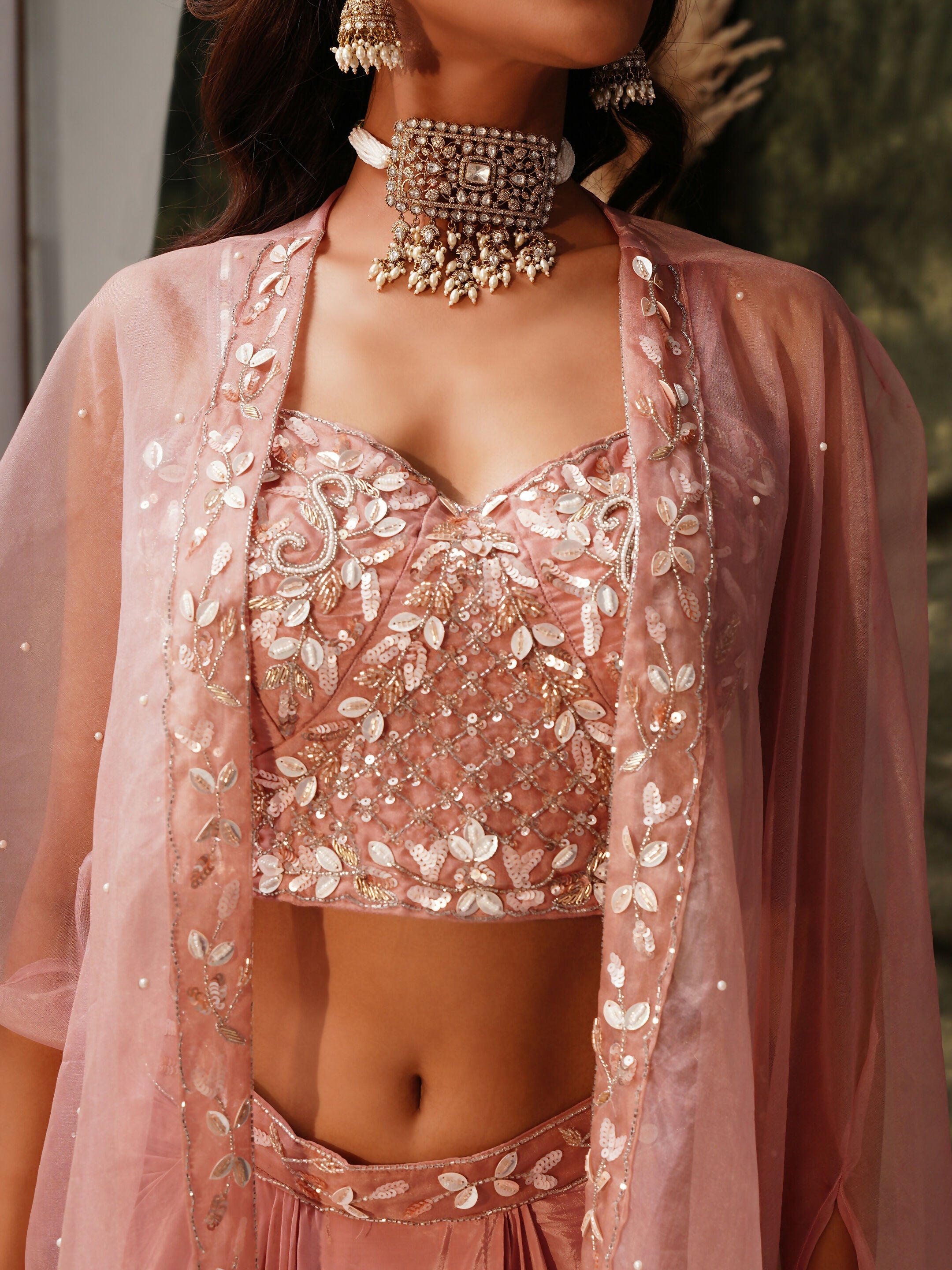 Peach Pure Crepe Handwork Top with Skirt & Shrug - Naomika | Grocsy