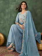 The52 Women's Beautiful Embroidery Work Silk Fabric Flared Kurta Pant and Dupatta Set | Grocsy