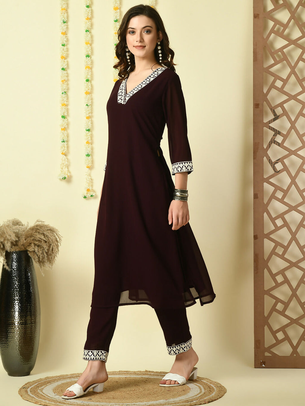 Myshka Women's Coffee Brown Georgette Kurta With Trousers Party Sets | Grocsy