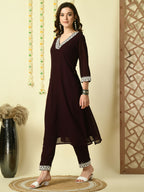 Myshka Women's Coffee Brown Georgette Kurta With Trousers Party Sets | Grocsy