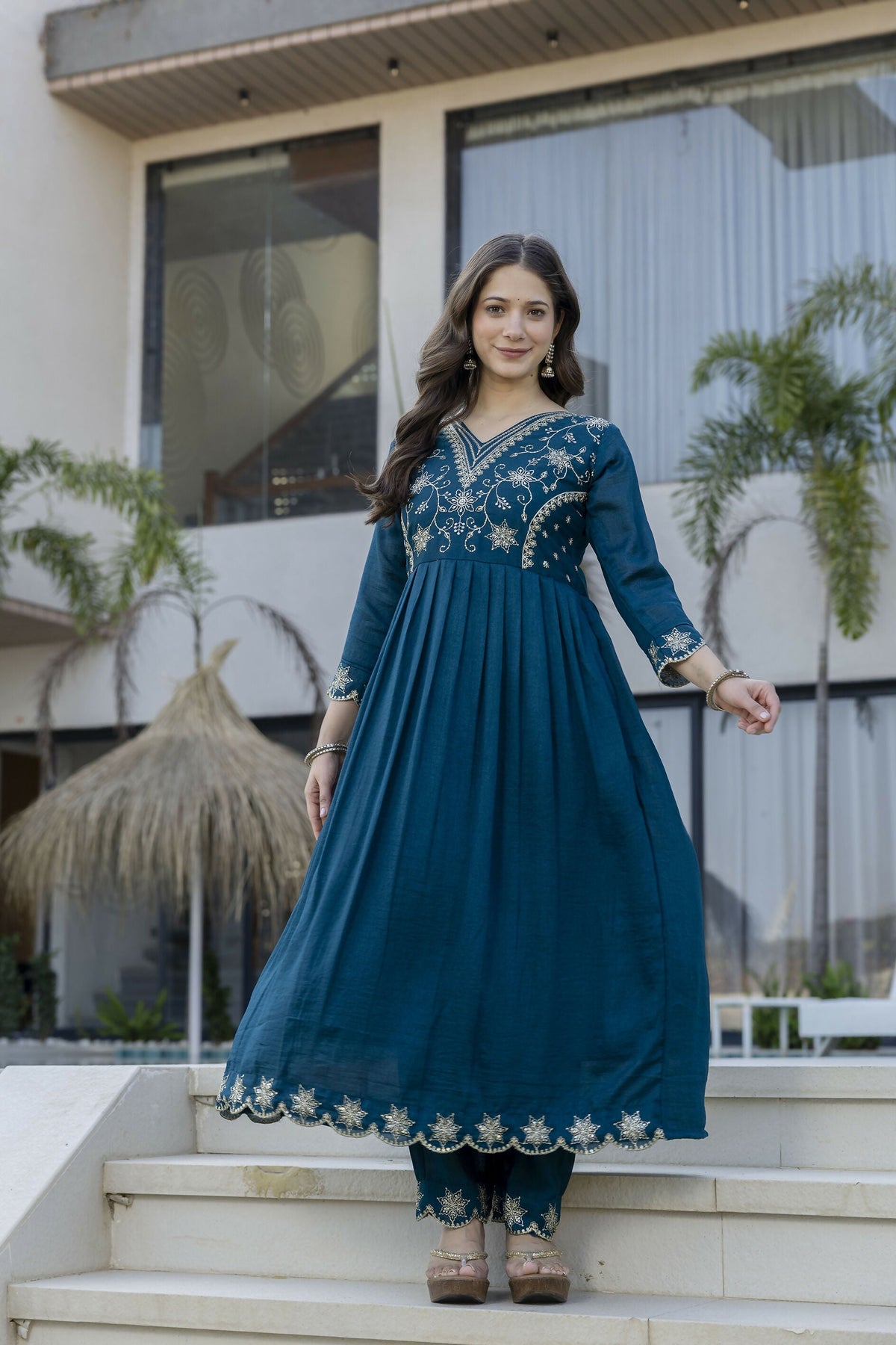 The52 Women's Beautiful Embroidery Work Vichitra Silk Fabric Flared Anarkali Pant and Dupatta Set | Grocsy