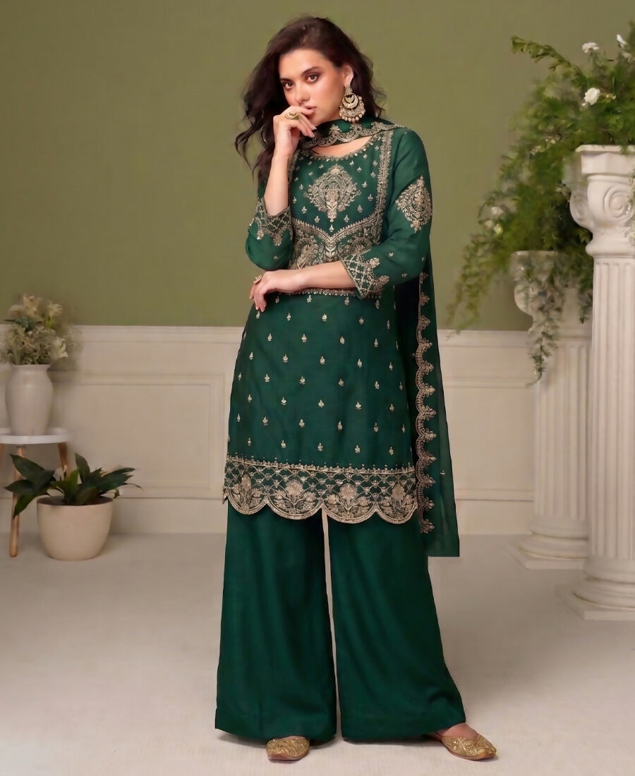 KC Green Wedding Wear Embroidered Crush Silk Salwar Suit | Grocsy