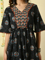 Myshka Women's Black Printed Cotton Party Dress | Grocsy