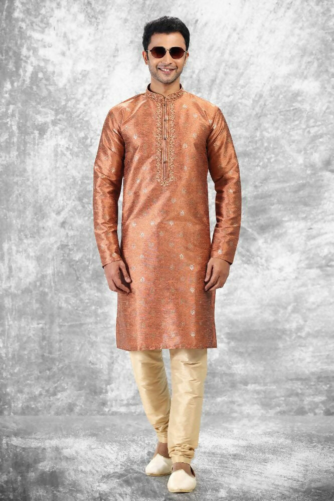 Raivat Ethnic Jacquard Silk Brocade Thread Work Kurta Pajama In Rust Brown Colour | Grocsy