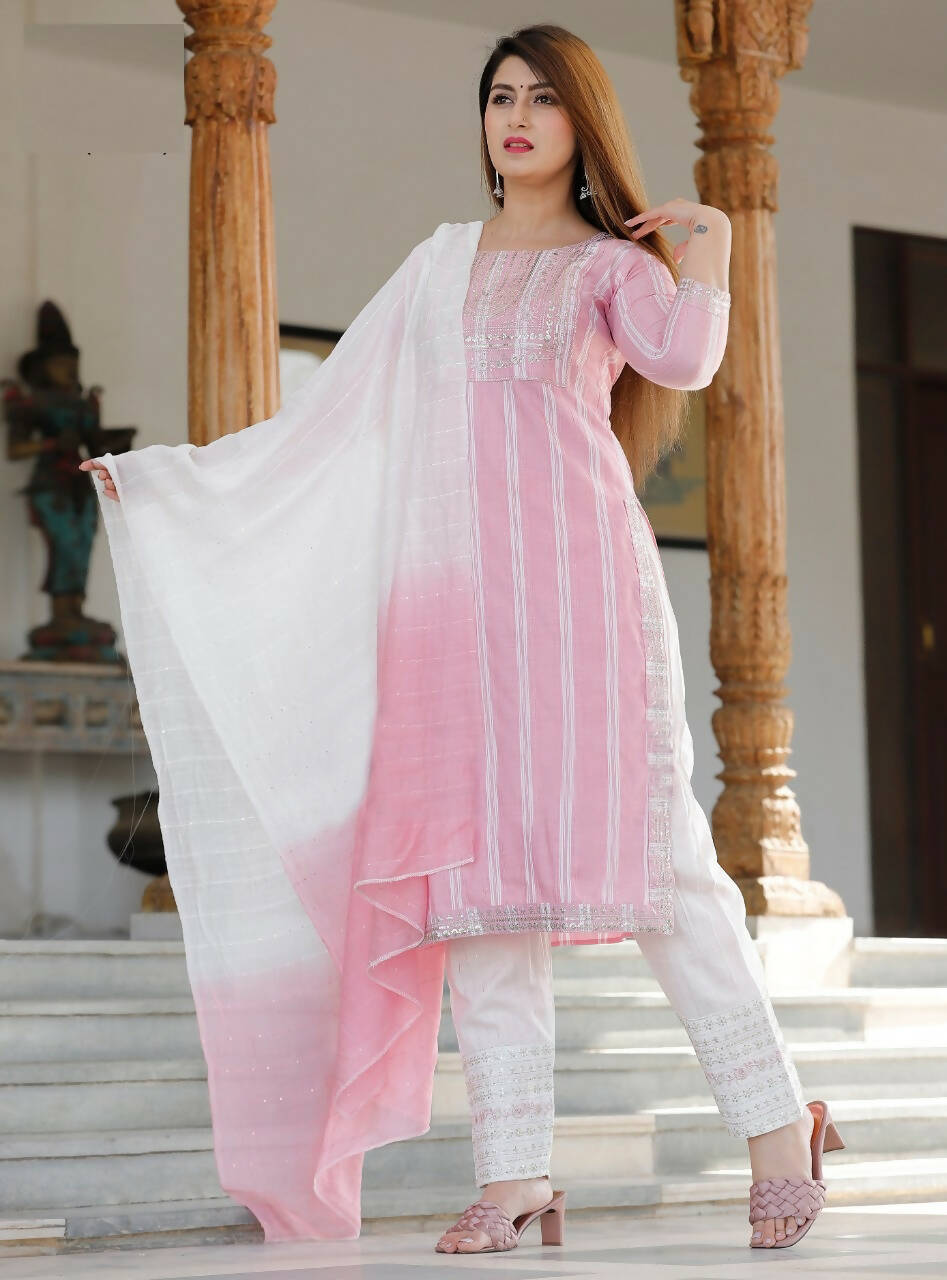 Vamika Embroidery Rayon Pink Party Wear/Casual Wear Kurta Set/Suit | Grocsy