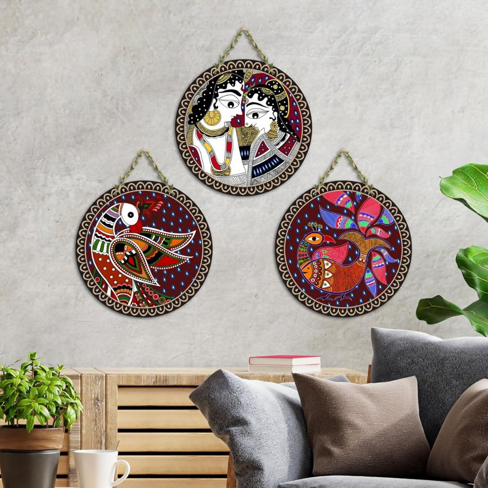 Artvibes Madhubani Folk Art Round Shape MDF Wooden Wall Decor Items | Grocsy