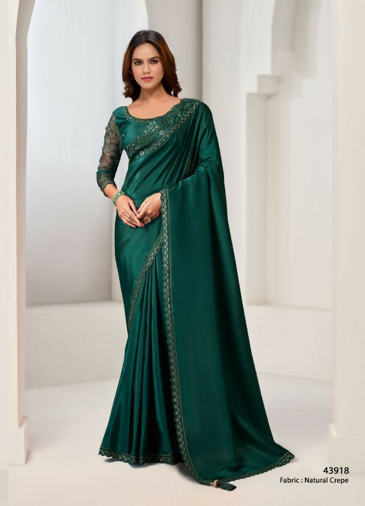 Green Natural Crepe Solid Saree with Unstitched Blouse Piece - Norita Saanjh | Grocsy