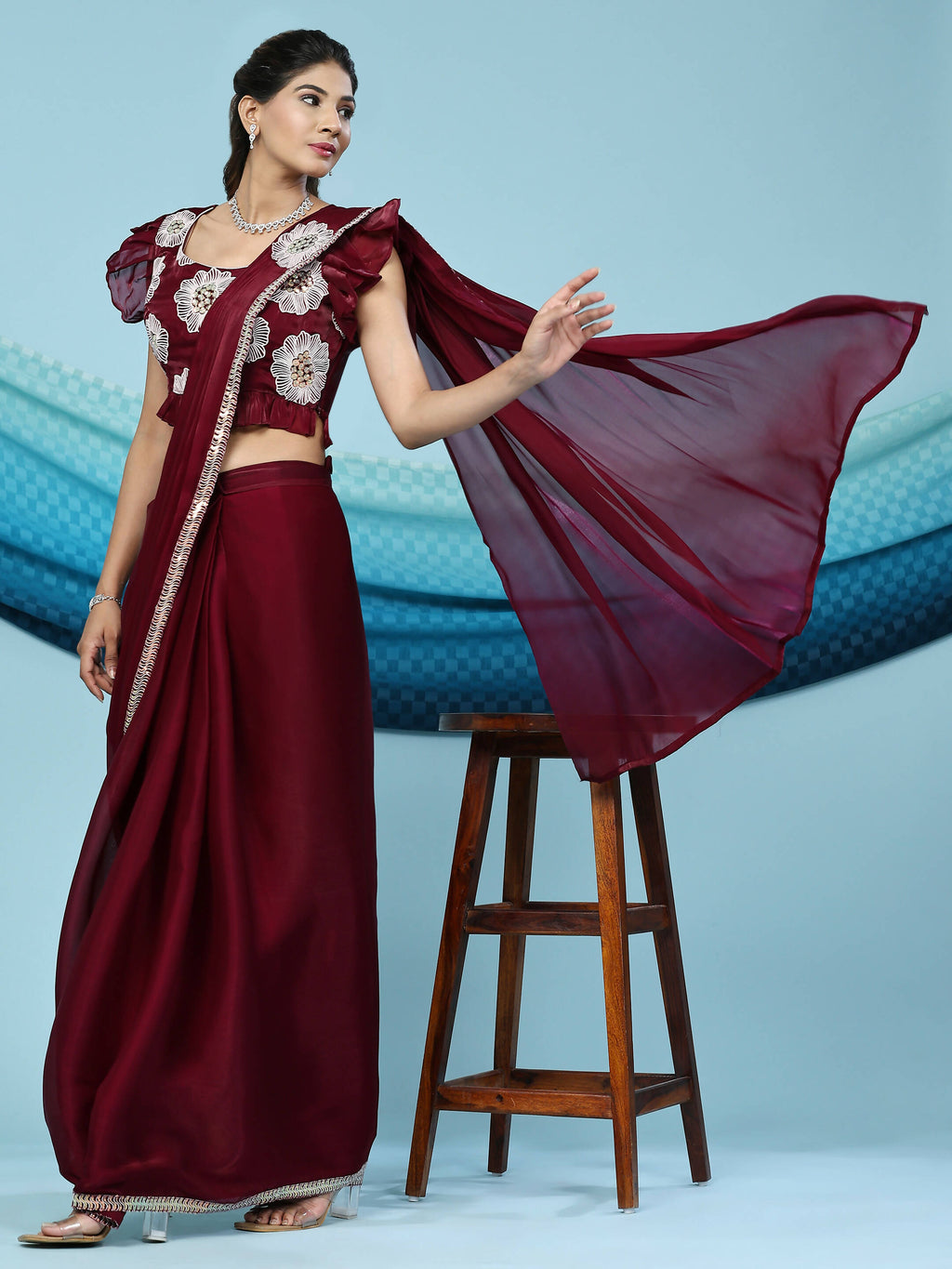 Maroon Silk Satin Sequence Work Ready to Wear Saree with stitched Blouse - Nirvana | Grocsy