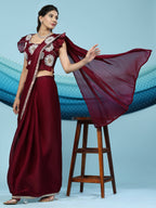 Maroon Silk Satin Sequence Work Ready to Wear Saree with stitched Blouse - Nirvana | Grocsy