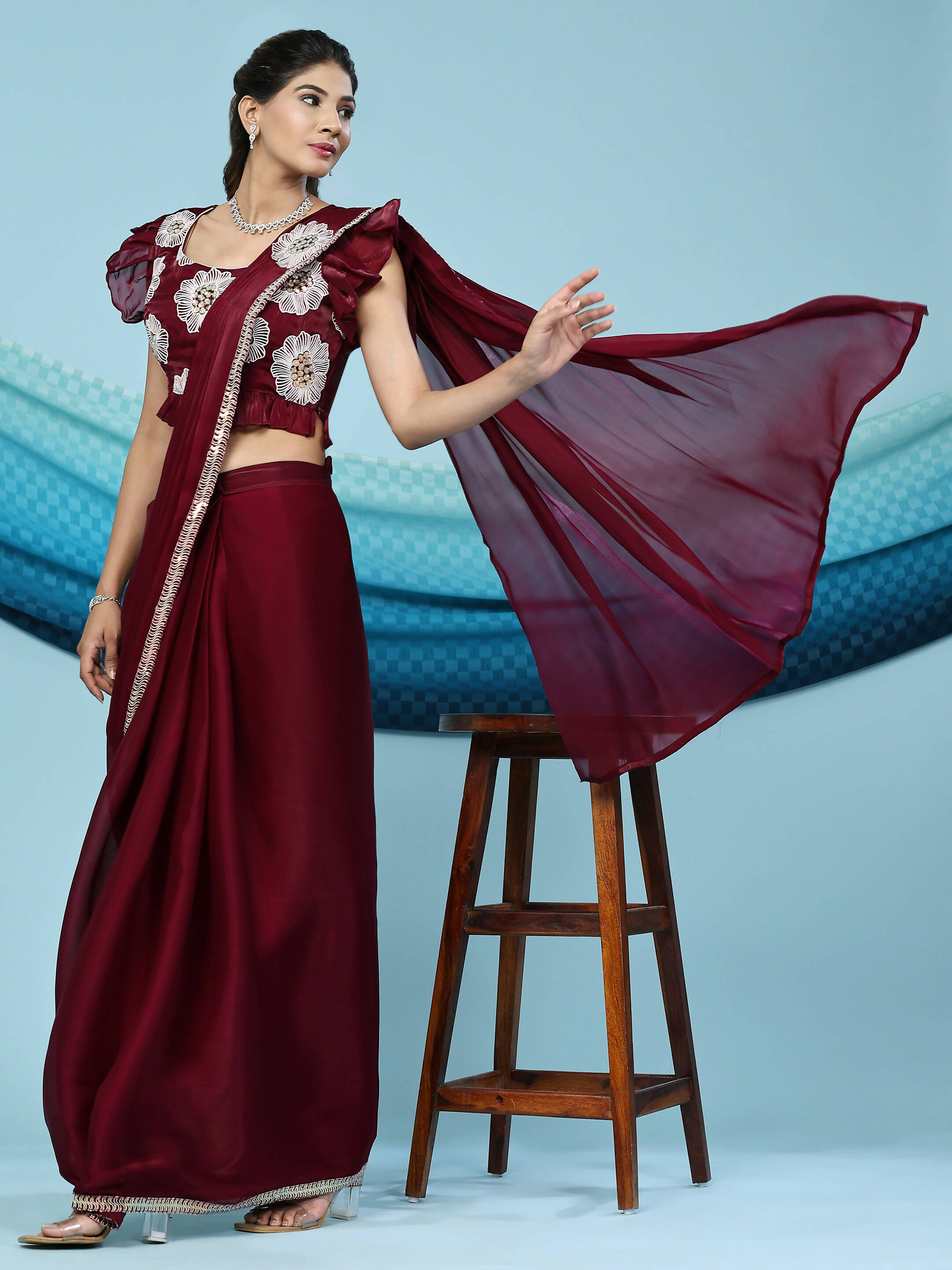 Maroon Silk Satin Sequence Work Ready to Wear Saree with stitched Blouse - Nirvana | Grocsy