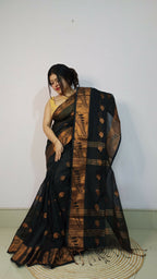 Exclusive Collection Beautiful Black Cotton Silk Woven Handloom Saree With Running Blouse Piece | Grocsy