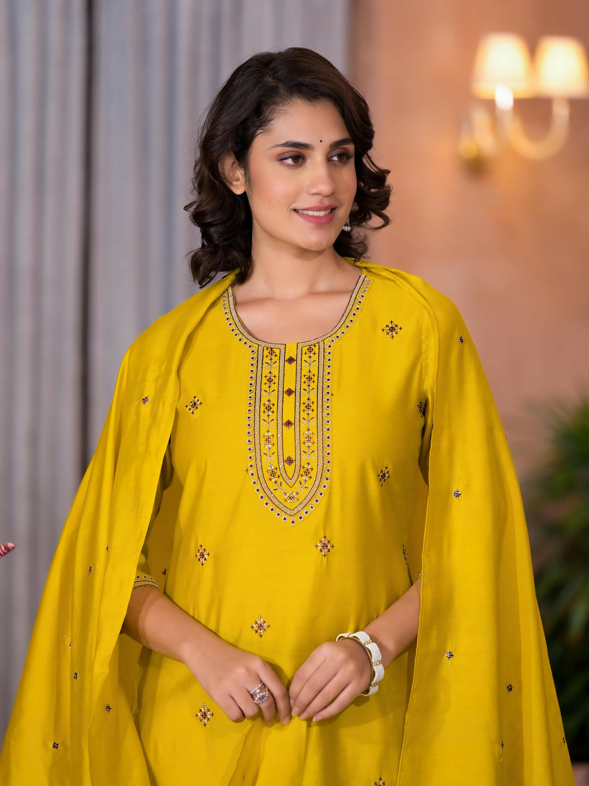 Juniper Women's Yellow Thread Embroidered Viscose Kurta Pant And Dupatta Set With Zari Work | Grocsy