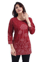 Snehal Creations Maroon Faux Crepe Printed Short Kurti Tunic Top | Grocsy