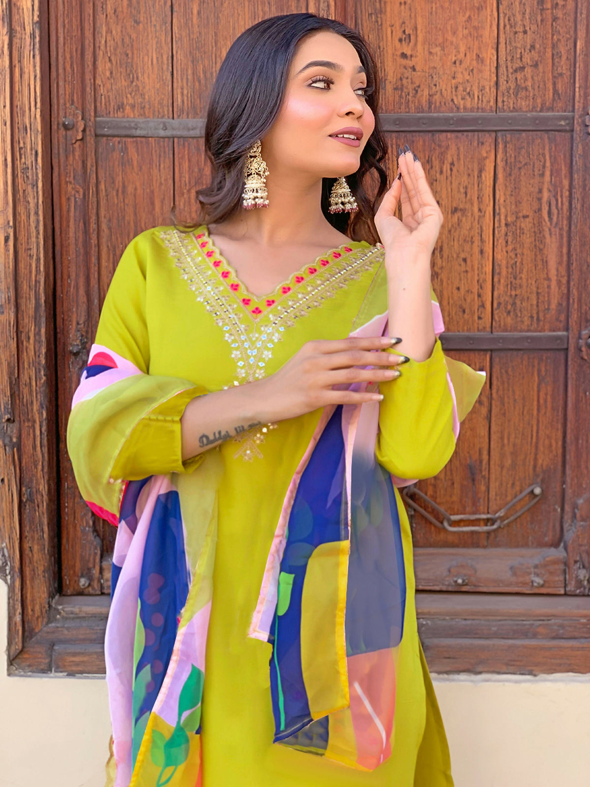 Partywear Designer Viscose Lemon Stitched Suit With Dupatta - Tanisha | Grocsy