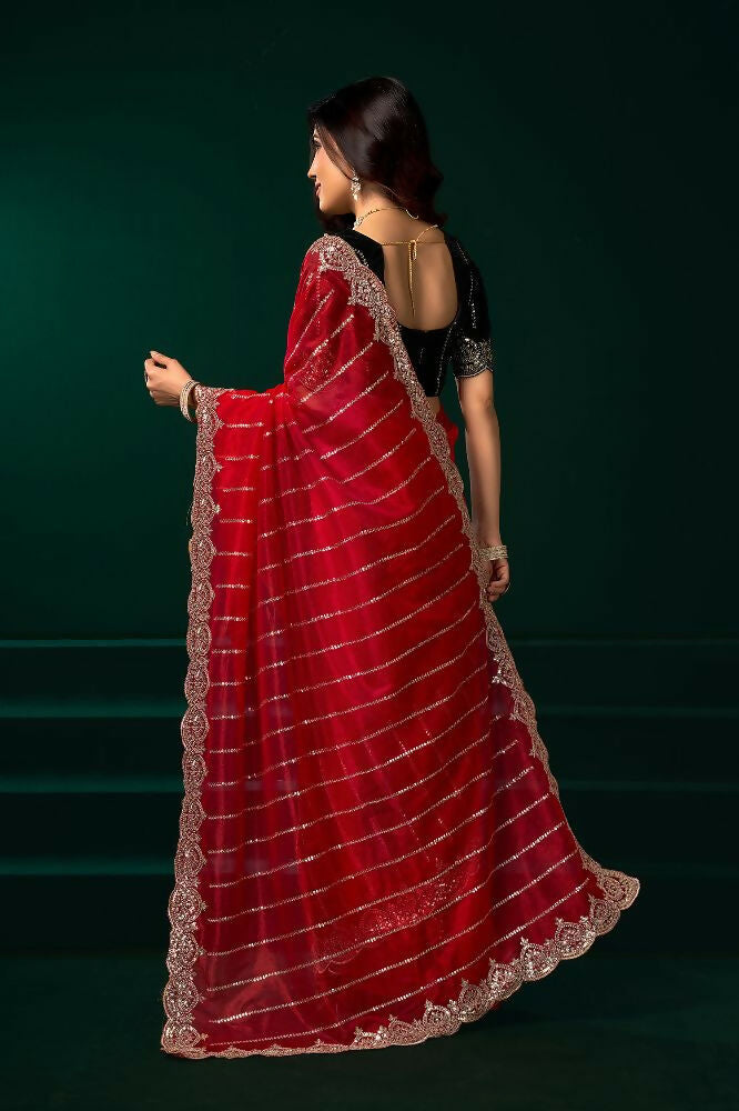 Joban Fashion Red Net Party Wear Sarees | Grocsy