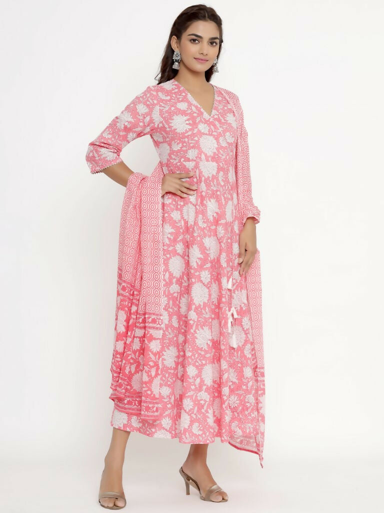 Miravan Women's Cotton Floral Print Anarkali Kurta With Dupatta | Grocsy