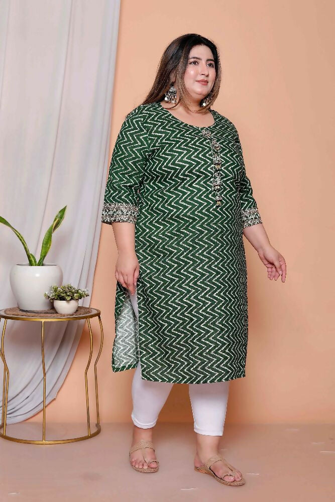 Miravan Womens Plus Size Green Zigzag Print Embroidery Rayon Straight Kurta | Grocsy