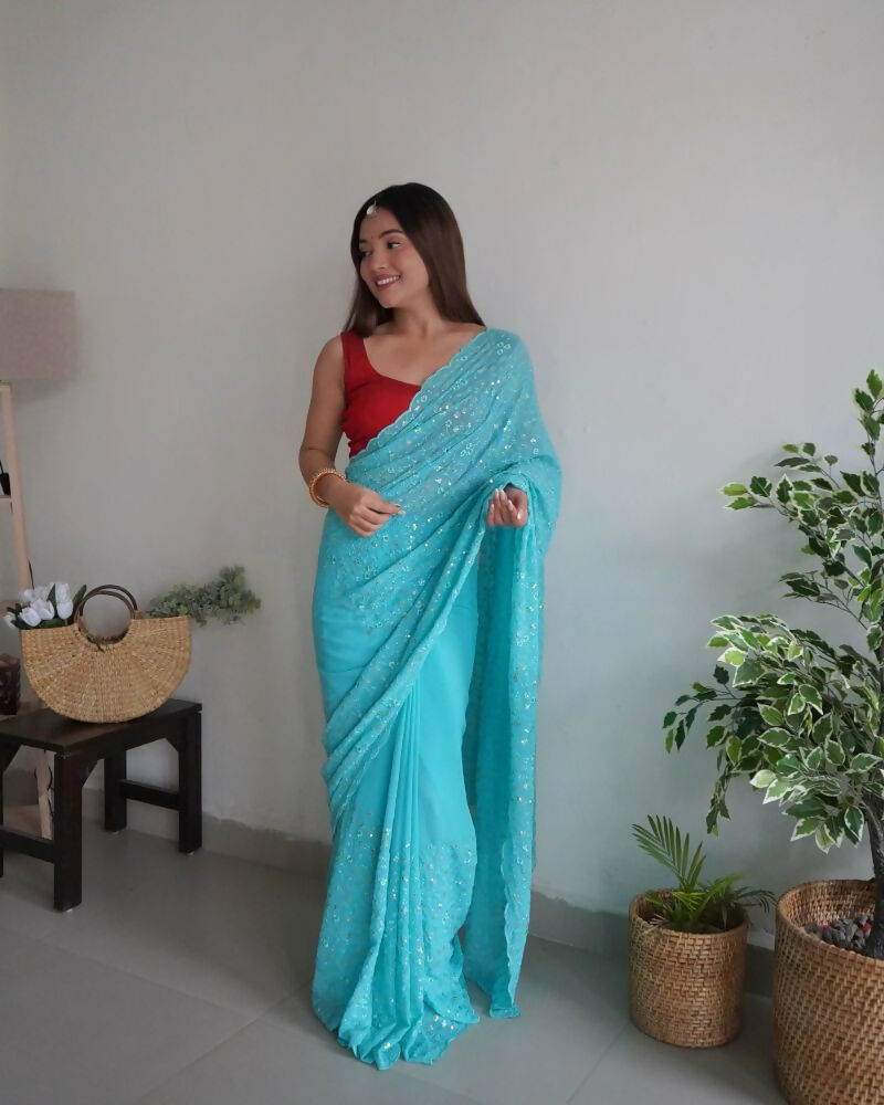 Vamsee Trendy Sequence Sky Blue Georgette Saree | Grocsy