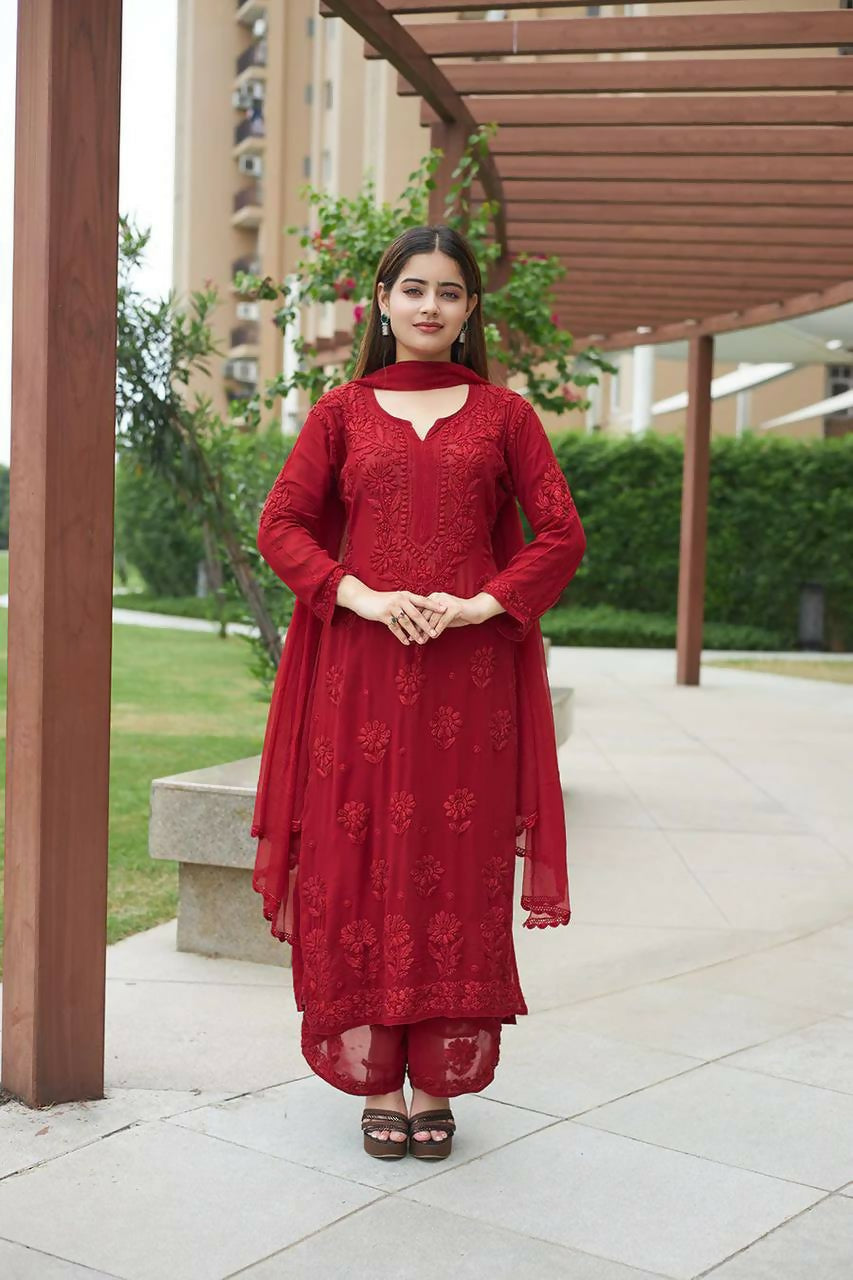 Joban Fashion Red Kurta Set Georgette Embroidery Sequence Work | Grocsy