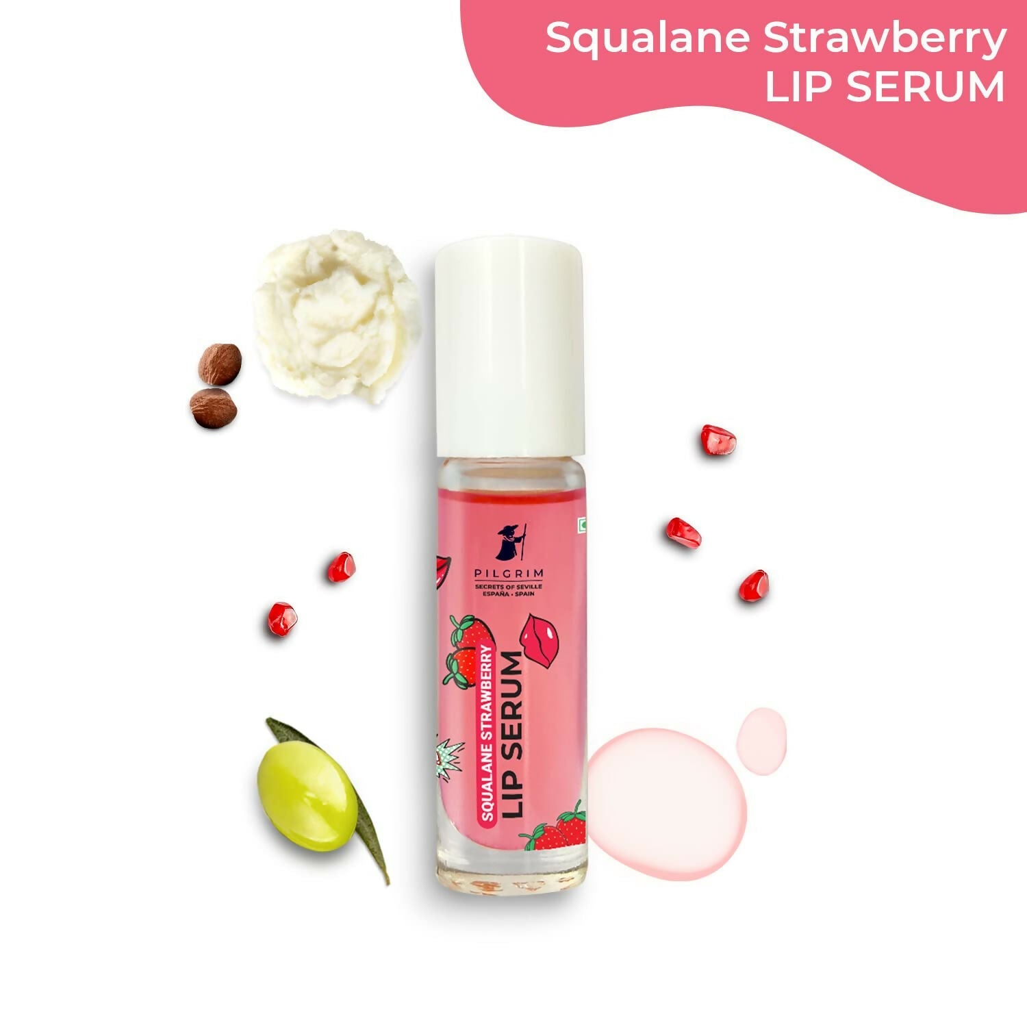 Pilgrim Spanish Lip Serum (Strawberry) with Roll-on For Visibly Plump Lips, Hydrating Lip Serum For Dark Lips | Grocsy