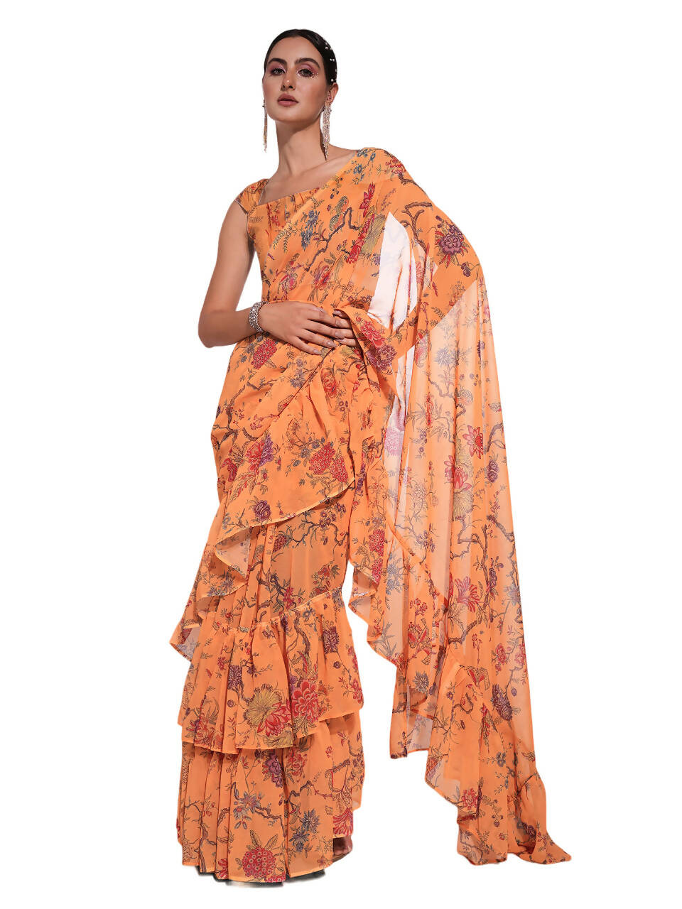 Orange Georgette Floral Printed Saree With Unstitched Blouse Piece - Rajal | Grocsy