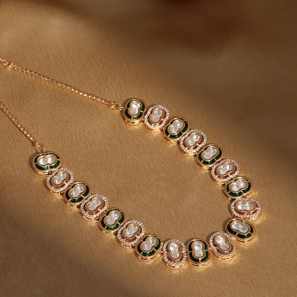 Double Mufli (peanut) Meenakari and Diamond Neckpiece (Gold) - Ruby Raang | Grocsy
